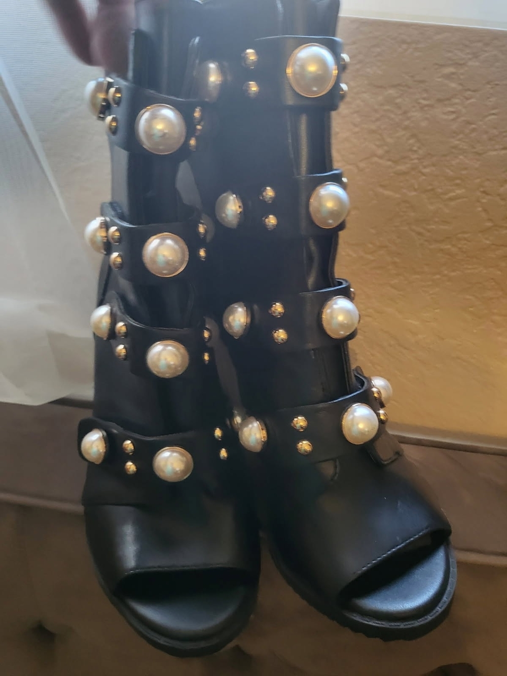Karl Lagerfeld Black Open-Toe Heeled Boots with Pearl Studs